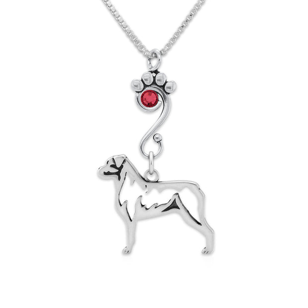 Rottweiler Necklace Body Design with Siam Crystal in Sterling Silver on Box Chain.
