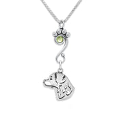 Rottweiler Necklace Head Design with Peridot Crystal in Sterling Silver on Box Chain.