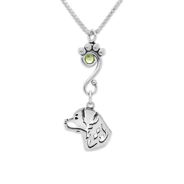 Rottweiler Necklace Head Design with Peridot Crystal in Sterling Silver on Box Chain.