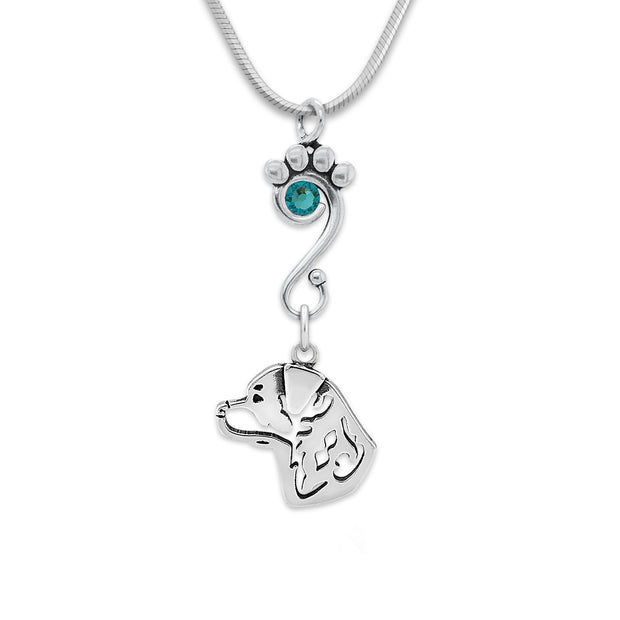 Rottweiler Necklace Head Design with Teal Crystal in Sterling Silver on Snake Chain.