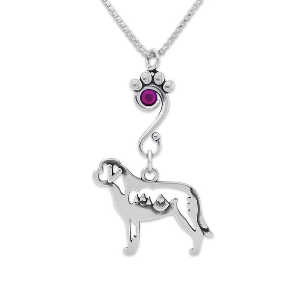 Saint Bernard Necklace Body Design with Mountains with Amethyst Crystal in Sterling Silver on Box Chain.