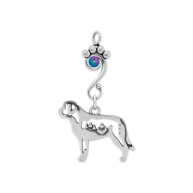Saint Bernard Pendant Body Design with Mountains with Tanzanite Shimmer Crystal in Sterling Silver.