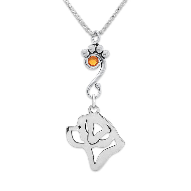 Saint Bernard Necklace Head Design with Topaz Crystal in Sterling Silver on Box Chain.