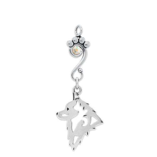 Schipperke Pendant Head Design with Aurora Borealis Crystal in Sterling Silver.