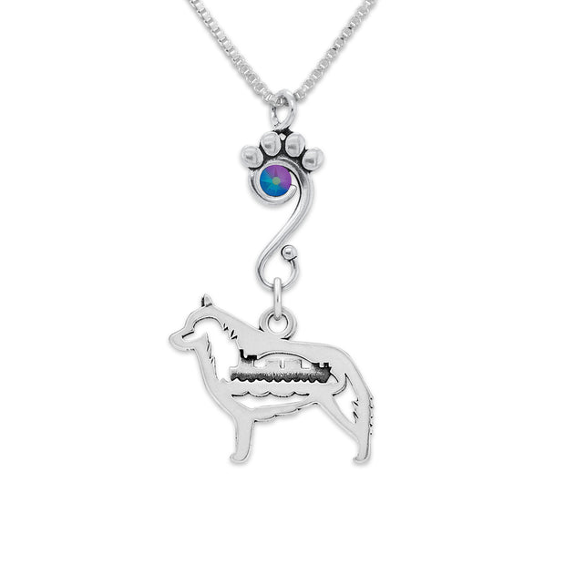 Schipperke Necklace Body Design with Barge and Tanzanite Shimmer Crystal in Sterling Silver on Box Chain.