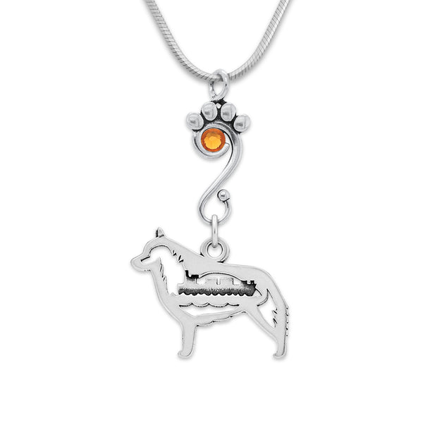 Schipperke Necklace Body Design with Barge and Topaz Crystal in Sterling Silver on Snake Chain.