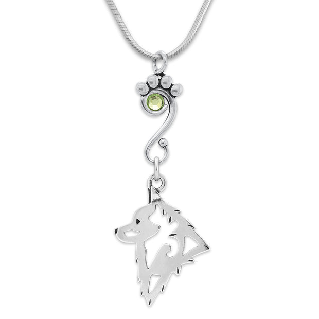 Schipperke Necklace Head Design with Peridot Crystal in Sterling Silver on Snake Chain.