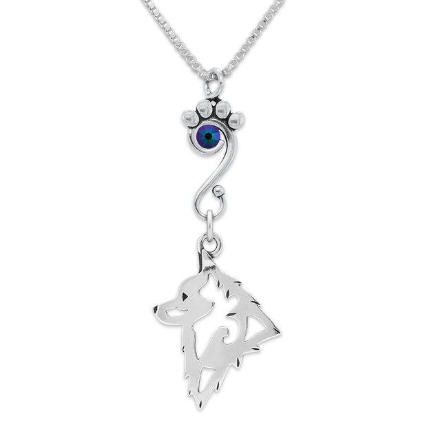 Schipperke Necklace Head Design with Scarabaeus Crystal in Sterling Silver on Box Chain.