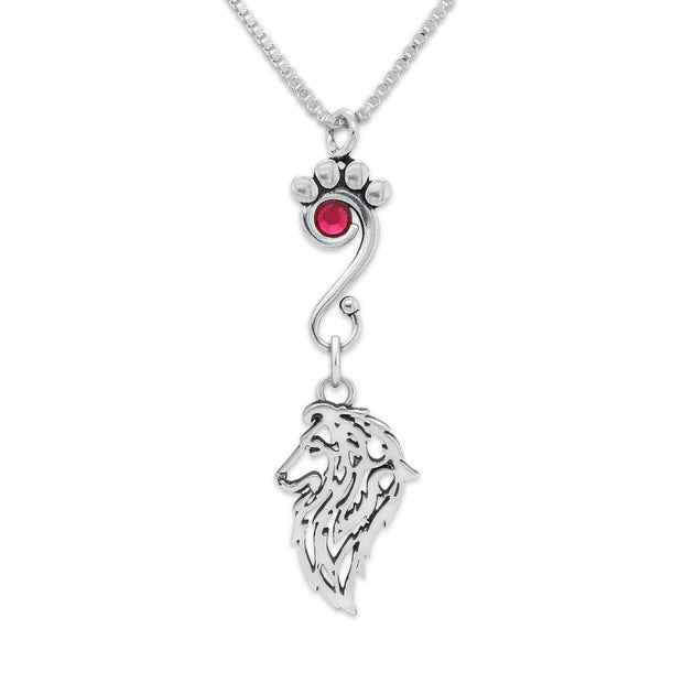 Shetland Sheepdog Necklace Head Design with Ruby Crystal in Sterling Silver on Box Chain.