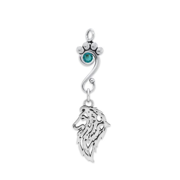 Shetland Sheepdog Pendant Head Design with Teal Crystal in Sterling Silver.