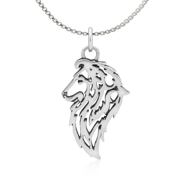 Shetland Sheepdog Necklace Head Design in Sterling Silver on Box Chain.
