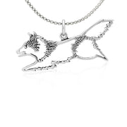Shetland Sheepdog Necklace Jumping Body Design in Sterling Silver on Box Chain.