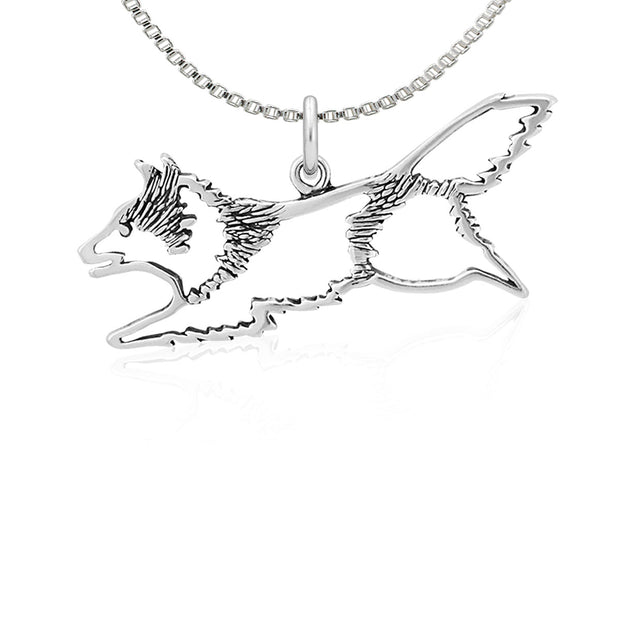 Shetland Sheepdog Necklace Jumping Body Design in Sterling Silver on Box Chain.