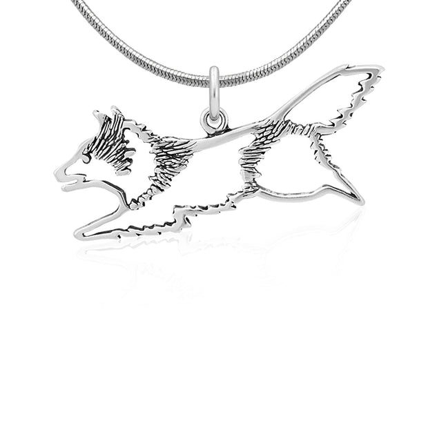 Shetland Sheepdog Necklace Jumping Body Design in Sterling Silver on Snake Chain.