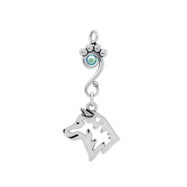 Shiba Inu Pendant Head Design with Aquamarine Crystal in Sterling Silver.