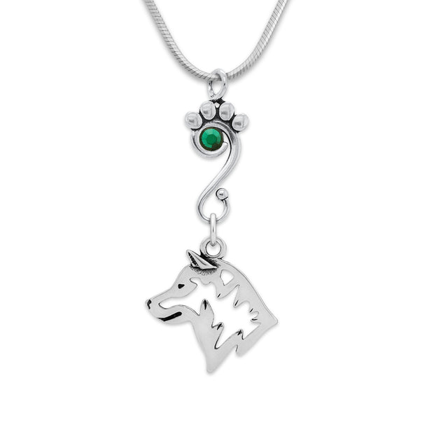 Shiba Inu Necklace Head Design with Emerald Crystal in Sterling Silver on Snake Chain.
