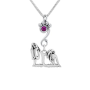 Shih Tzu Necklace Body Design with Amethyst Crystal in Sterling Silver on Box Chain.