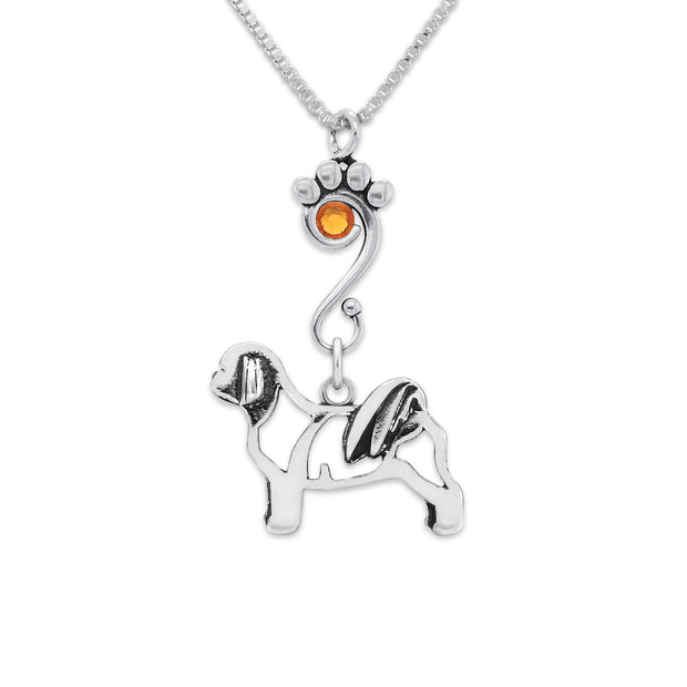 Shih Tzu Necklace Body Design with Topaz Crystal in Sterling Silver on Box Chain.