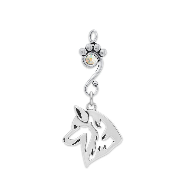 Siberian Husky Pendant Head Design with Aurora Borealis Crystal in Sterling Silver.