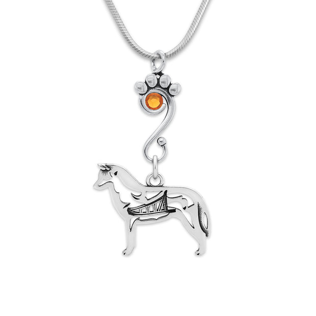 Siberian Husky Necklace Body Design with Topaz Crystal in Sterling Silver on Snake Chain.