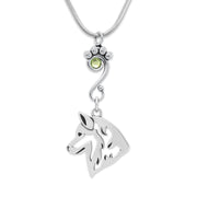 Siberian Husky Necklace Head Design with Peridot Crystal in Sterling Silver on Snake Chain.