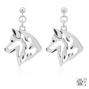 Sterling silver Siberian Husky earrings head study on dangle posts, Siberian Husky jewelry