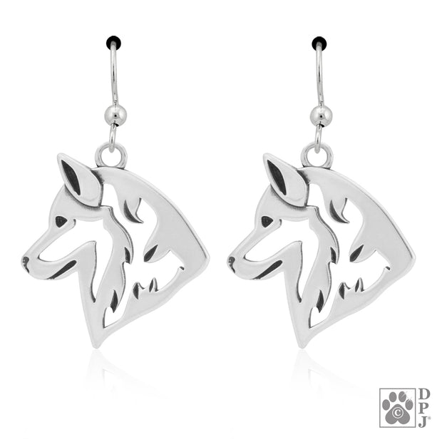 Sterling silver Siberian Husky earrings head study on french hooks, Siberian Husky gifts