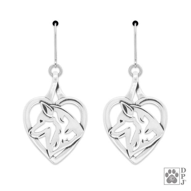 Sterling Silver Siberian Husky Heart Earrings