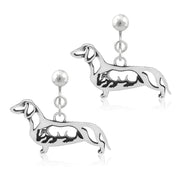 Smooth Coat Dachshund Clip-On Earrings Body Design with Badger in Sterling Silver.