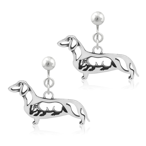 Smooth Coat Dachshund Clip-On Earrings Body Design with Badger in Sterling Silver.