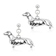 Smooth Coat Dachshund Earrings Body Design with Badger in Sterling Silver in Dangle Post.