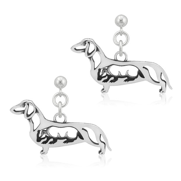 Smooth Coat Dachshund Earrings Body Design with Badger in Sterling Silver in Dangle Post.