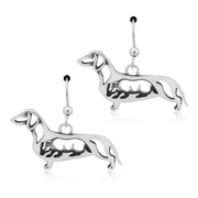 Smooth Coat Dachshund Earrings Body Design with Badger in Sterling Silver in French Hook.