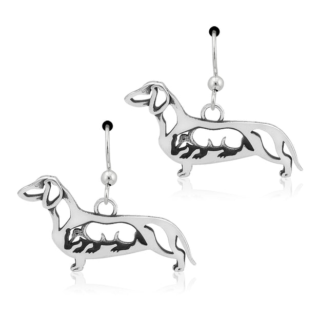 Smooth Coat Dachshund Earrings Body Design with Badger in Sterling Silver in French Hook.