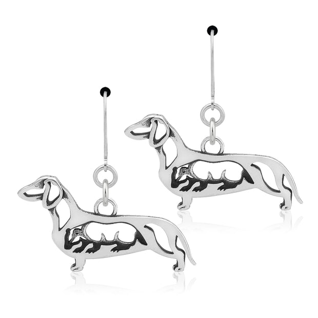 Smooth Coat Dachshund Earrings Body Design with Badger in Sterling Silver in Leverback.