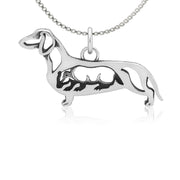 Smooth Coat Dachshund Necklace Body Design with Badger in Sterling Silver on Box Chain.