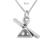 A sterling silver agility teeter charm with a triangle base on a box chain. Agility necklace designed to resemble a seesaw.