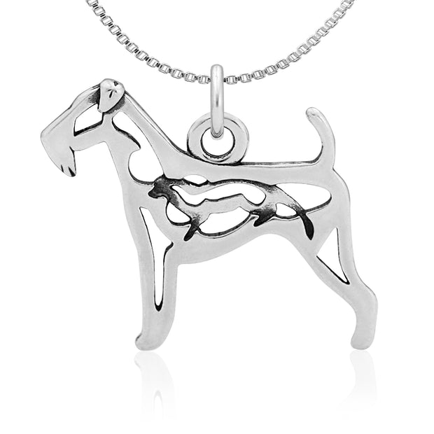 Airedale Terrier Necklace Body Design with Otter in Sterling Silver on Box Chain.