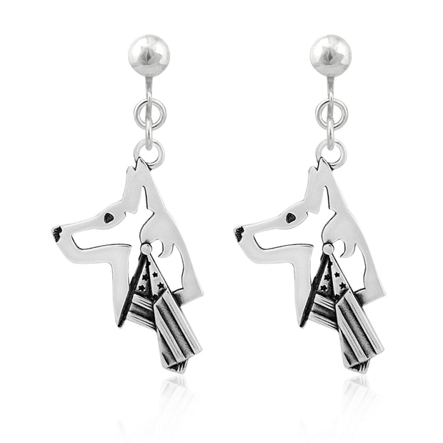 Belgian Malinois Clip-On Earrings Head Design with Flag in Sterling Silver.