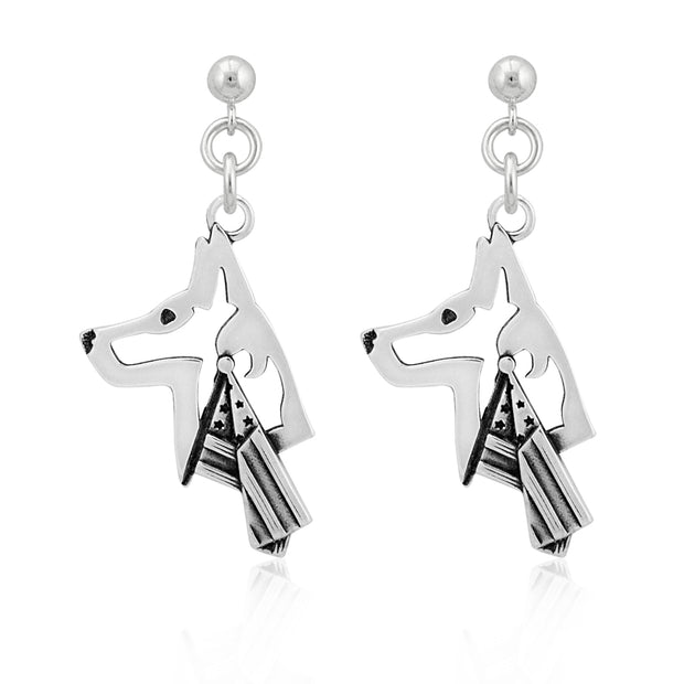 Belgian Malinois Earrings Head Design with Flag in Sterling Silver in Dangle Post.
