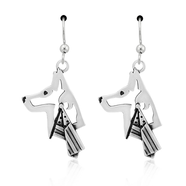 Belgian Malinois Earrings Head Design with Flag in Sterling Silver in French Hook.