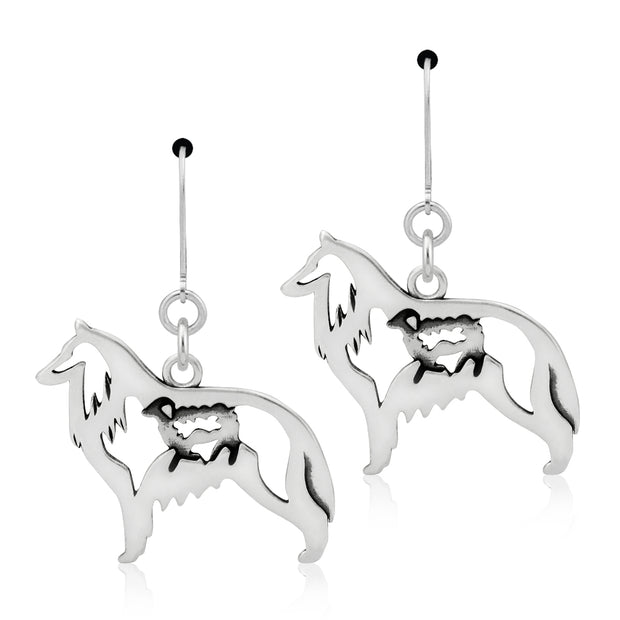 Belgian Sheepdog Earrings Body Design with Sheep in Sterling Silver in Leverback.