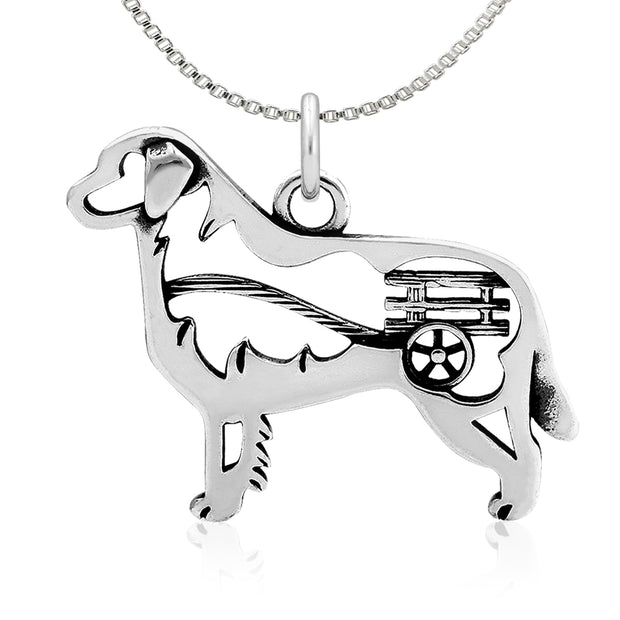 Bernese Mountain Dog Necklace Body Design with Cart in Sterling Silver on Box Chain.
