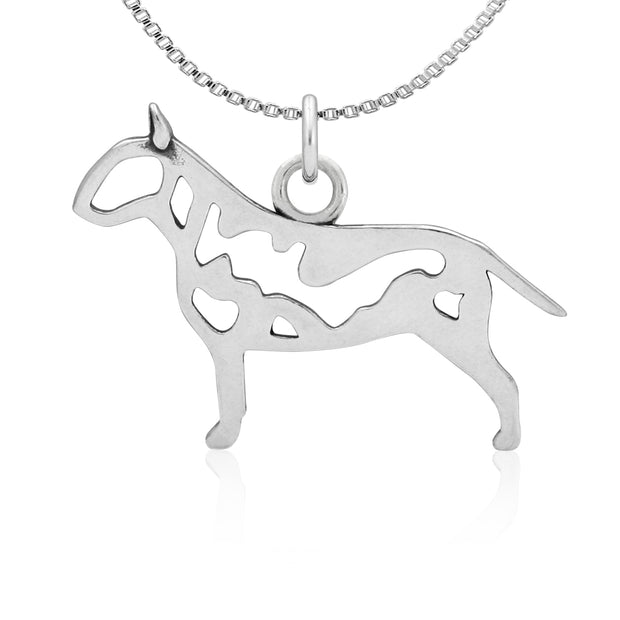Bull Terrier Necklace Body Design in Sterling Silver on Box Chain.