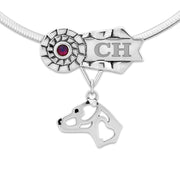 Rosette Ribbon Necklace That Can Be Personalized With a Title and Your Dogs Name and Choice of Over 30 Colors of Crystals, with an American Staffordshire Terrier Head Design Pendant in Sterling Silver on Omega Chain.