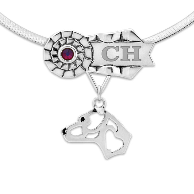 Rosette Ribbon Necklace That Can Be Personalized With a Title and Your Dogs Name and Choice of Over 30 Colors of Crystals, with an American Staffordshire Terrier Head Design Pendant in Sterling Silver on Omega Chain.
