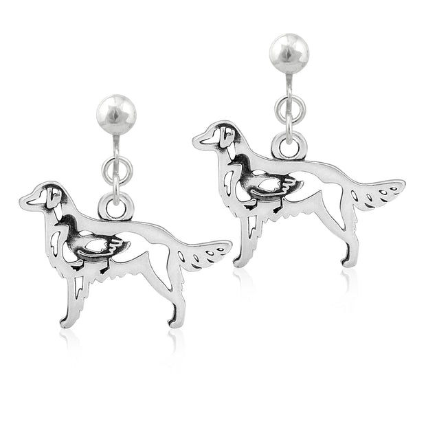 Flat Coated Retriever Clip-On Earrings Body Design with Duck in Sterling Silver.
