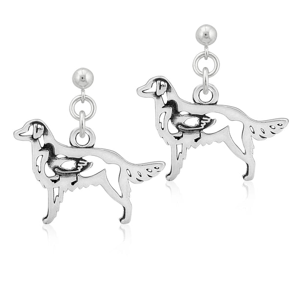 Flat Coated Retriever Earrings Body Design with Duck in Sterling Silver in Dangle Post.