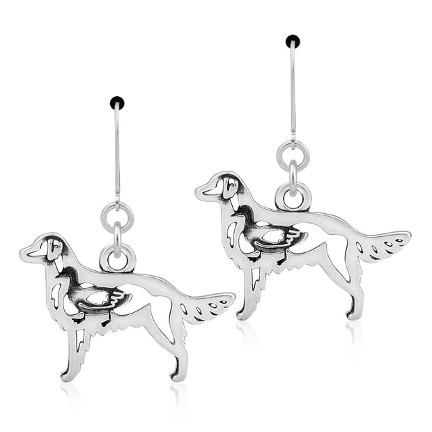 Flat Coated Retriever Earrings Body Design with Duck in Sterling Silver in Leverback.