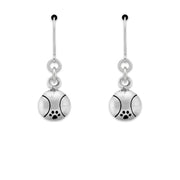 Silver drop earrings with tennis ball and paw print design